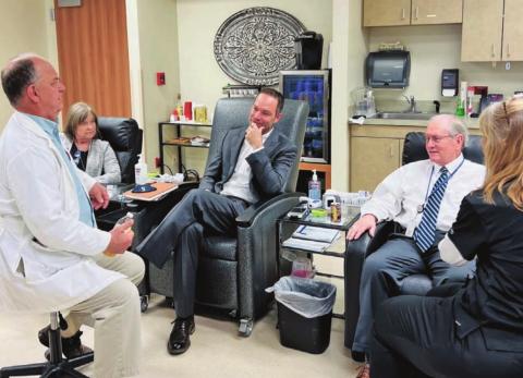 CCMC’s Dr. Dwayne Miller discusses the Diabetes Relief™ infusion treatment with the CEO of the Texas Organization of Rural and Community Hospitals (TORCH), John Henderson, who toured the CCMC infusion center last Thursday. CCMC CEO Larry Troxell DHA, received the infusion administered by Rachel Hilliard FNP. Karen Stewart RN (pictured left) manages program operations. | submitted photo