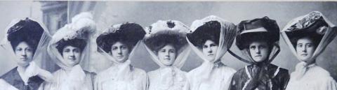 With the invention of motor cars, ladies hats had to be modified in order to stay on, with the inclusion of a scarf from 1907-1919. This group of stylish ladies visited the Edmund Photography Studio in downtown Dublin to be photographed. The woman on the far left is Ellen Harris as identified by her granddaughter in 2010. Courtesy photo/ Ralph and Dossie Rogers Collection/Historical Museum and the Library of Congress