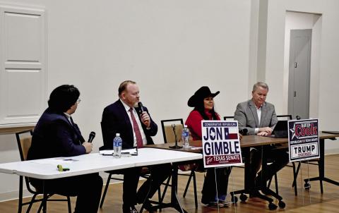 Republican Senate District 22 candidates participate in a forum hosted by the Erath County Republican Party Wednesday, Feb. 11. From left to right are moderator Jorge Moreno and Senate candidates Jon Gimble, Rena Schroeder and David Cook. Colton Bradberry | Citizen staff photo