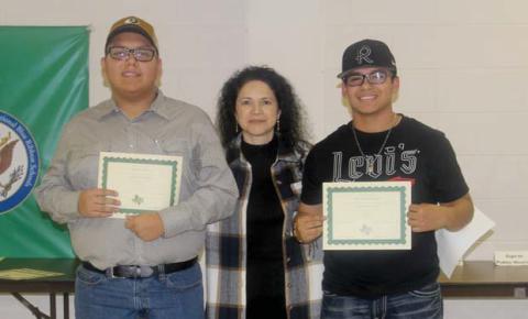 Academic Scholars for November and December November: K’Leigh Kirkland (not present) and Silvestre Ramirez. December: Emmanuel Anguiano and Frida Villicana (not pictured). Presented by High School Principal Norma Briseno.