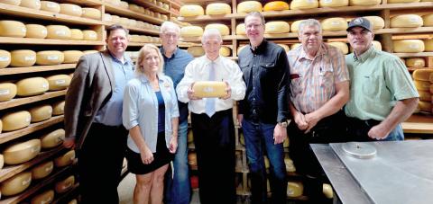 U.S. Rep. Rogers Williams, center, recently toured Veldhuizen Cheese as part of an effort to visit with small business owners since he is chairman of the small business committee. From left is Dublin EDC Executive Director Noah Cullis, owners Connie and Stuart Veldhuizen, Congressman Williams, County Judge Brandon Huckabee, Charles Malone and County Commissioner Dee Stephens. Wyndi Veigel-Gaudette | Citizen staff photo