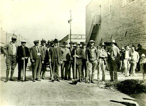 The city fathers gathered to celebrate the laying of gas pipes in town. The photograph took place on Blackjack Street just west of Patrick. Left to right in the picture are: Engineer Tom Patton, Engineer D.W. Sheehan, Fire Chief W.P. Hallmark, Alderman C.S. Bowden, Alderman F.L. Jackson, Mayor E.C. Fewell, Alderman W.P. Warren, Alderman E.H. Blain, Alderman C.E. Leatherwood, City Secretary D.N. Kiker, Alderman J.P. Barber, Dr. Frank Bryan and J.S. Daley. Photo courtesy of the Ralph Rogers Collection