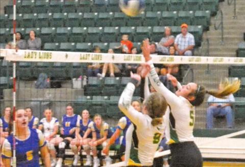 Dublin Lady Lions Madilyn Loper and Kylie Olvera leap up to stop the ball at the net in a recent Lady Lion home game. Paul Gaudette | Citizen staff photo