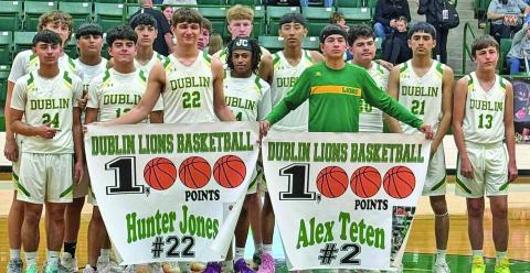Dublin Lions Hunter Jones and Alex Teten both passed 1,000 total points in their high school basketball careers during the Thursday, Jan. 22 home game against Millsap. | submitted photo