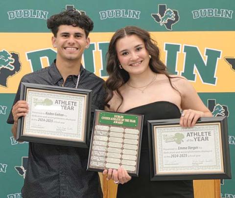 Dublin Citizen Athletes of the Year Kaden Gaitan &amp; Emma Vargas (Gaitan also received Mr. Team Offense in football, MVP in boys basketball and baseball, outstanding runner, outstanding golfer)