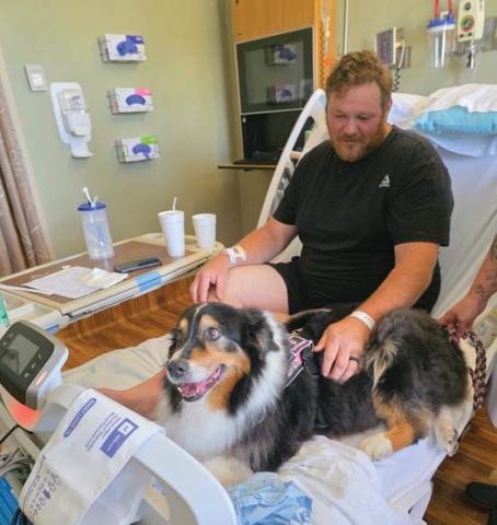 A patient at Texas Health Resources-Stephenville enjoys petting Annie - the namesake of Annie’s Therapeutic Companions. The canine and her handler Lyndi Hanna are celebrating 10 years of volunteering with the hospital. Wyndi Veigel-Gaudette | Citizen staff photo