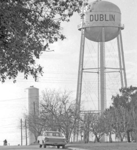 The standpipe was located on one of Dublin’s highest points. It was the first effort to increase water pressure for homes and for fighting fires. Here, it stands along side the newer Dublin water tower built in 1949. | Archive photo