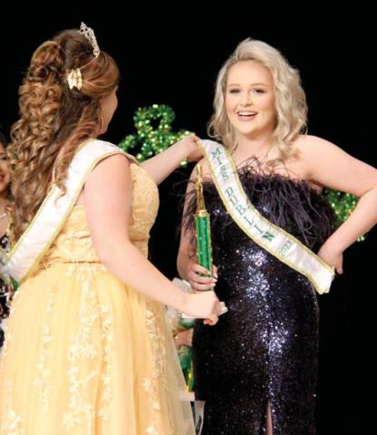 Wyndi Veigel | Citizen staff photo Joli St. Germain, a senior at Dublin High School, is presented her sash for winning 2023 Miss Dublin on Friday, March 17. For more pageant photos see the Dublin Citizen’s Facebook page.
