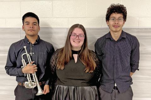 Cathryn Smith | Submitted photo Senior David Nava, Senior Morgan Keith and Junior Miguel Corrales performed in a trumpet trio and earned a superior rating on their ensemble at UIL Solo and Ensemble Saturday, Feb. 21 and will advance to state.