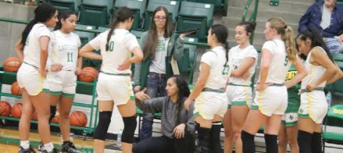 Dublin Lady Lions coach Kim Perez runs through strategy with her players at a recent home game. Paul Gaudette | Citizen staff photo