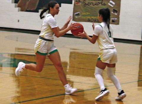 Dublin Lady Lion Olivia Salyer hands the ball off to teammate Ismari Molina during a home game during December. Salyer scored a collective 47 points across the tournament. Teammate Adriana Stewart led scoring for Dublin in the Classic with 50. Paul Gaudette | Citizen staff photo