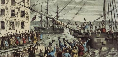 The Destruction of Tea at Boston Harbor, an iconic 1846 lithograph by Nathaniel Currier. The term “Boston Tea Party” had not become a standard name. Public Domain