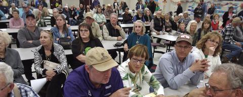 More than 400 people attend a recent meeting at Lingleville ISD to receive information on how to be an intervenor or protestor on the Dinosaur-Longshore KV 765 line project. Ben Pate | Courtesy photo