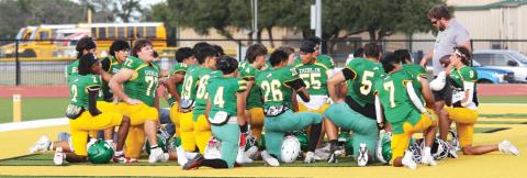 Dublin Lions gather in the endzone before their scrimmage with Hamilton at home Friday, Aug. 15. Paul Gaudette | Citizen staff photo