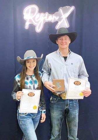 Lingleville 8th graders Lane Walker and Alexa Aviles both qualified for the Junior High Rodeo Association State Finals after taking top honors at the Region X rodeos. Walker finished as the Region X reserve Champion In tie-down roping and qualified with his partner in ribbon roping as well. Aviles finished as the Region X pole bending Champion. The state finals will be held in Gonzalez at the end of May. | submitted photo