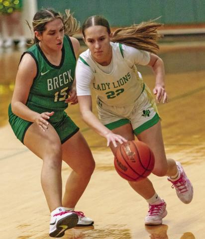 Dublin Lady Lion Regan Vanbebber breezes up the court while a Breckenridge tries to stall her progress. Danielle Meador | Citizen staff photo