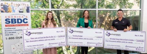 Winners of the Entrepreneurs of Erath business plan competition were honored at a reception Friday morning in Room 218 of the Tarleton State University Dining Hall. From left, first place winner Emily Horton, owner of Peace, Love and Good Hair Blow Dry Bar, LLC; second place winner LeAnn Durfey, owner of Everything Shredded; and third place winner Shane Freels, owner of MVP Athlete Training and Sports Complex. | Citizen staff photo