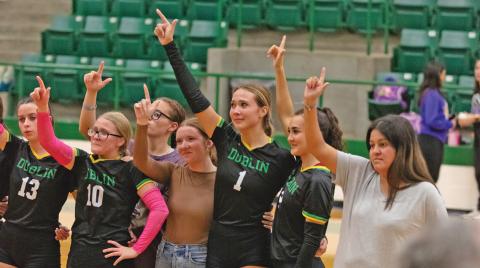 Dublin Lady Lions join together following the final game of the season Tuesday, Oct. 29 in the Neff Gym. Danielle Meador | Citizen staff photo