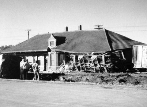 A hopper car loaded with 60 tons of cement left the tracks and plunged into the historic Dublin Santa Fe Train Station Dec. 3, 1972. When the car was pulled out of the wreckage, the Spanish tile roof collapsed. The station was located west of the Santa Fe tracks and south of Highway 6. Ermon E. Hatley, station agent in Dublin