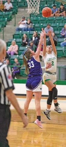 Danielle Meador | Citizen staff photo Dublin Lady Lion NavaLee White jumps up for a basket against Early in the final game of the Lady Lions season Feb. 4 at home. White led scoring for the match. See the basketball section in this week’s edition for pics of the season and senior night from Dublin and Lingleville.