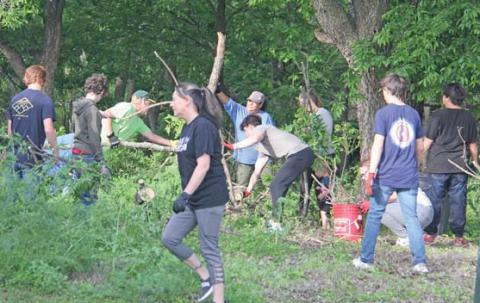 Volunteers showed up in force for a Revitalize Dublin workday project to aid a neighbor living on Camden Street with tree trimming and clean up. Paul Gaudette | Citizen staff photo