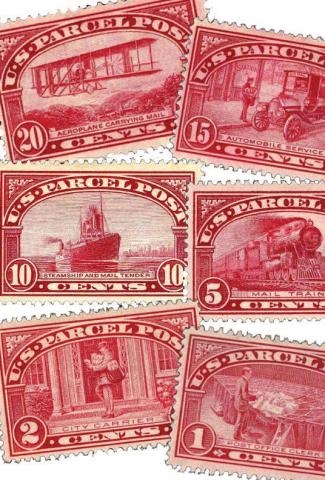 Courtesy photo These are the stamps that came out in 1913 when the Post Office started a new service of delivering packages. Charlotte May Pierstorff was mailed by her parents so she could visit her grandmother. They didn’t have the money to buy her a seat on the train. Photo: Stamp images from Wikipedia in the public domain.