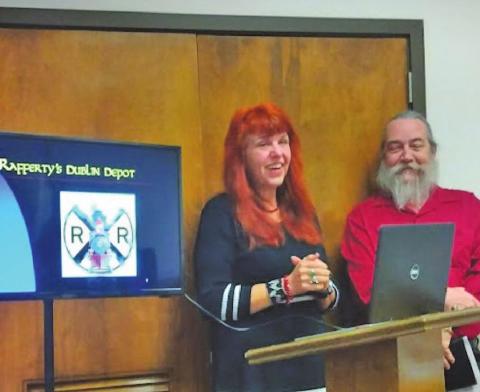 Nikki and Bob Rafferty present a proposal during Monday’s City Council meeting to open Dublin’s historic train depot as an authentic Irish pub and restaurant while offering assistance to renovating the building. Paul Gaudette | Citizen staff photo