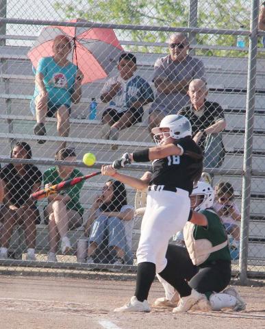 Dublin Lady Lion Cassidy Adair connects with a pitch from Breckenridge in the April 11 game on the Dublin diamond. Adair had three hits in the game and two runs batted in. Paul Gaudette | Citizen staff photo
