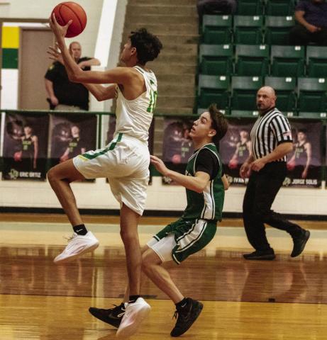 Dublin Lion Eric Ortiz takes to the air for 2 points in a recent game on the home court. Danielle Meador | Citizen staff photo