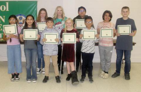 ‘Paws’itive Leaders for November and December November: Nolan Gilman and Karli Kolb (Fourth Grade), Lyla Escareno and Shmuel Sanchez Jaquez (Fifth Grade) and Jaxon Salinas and Lexi Watson (Sixth grade). December: Alaina Kelley and Allen Martinez (Fourth grade), (not present) Mason Joslin and Desirea Cisneros (Fifth grade) and Ximena Lopez (not present) and Eli Mitchell (Sixth grade). Presented by Principal Amanda Lisso.