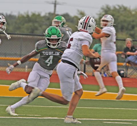 Dublin Lion Julian Caldera sweeps in to tackle a Millsap Bulldog during the Friday, Sept. 5 game at Cervetto Field Caldera contributed six tackles for the home team during the game. Paul Gaudette | Citizen staff photo
