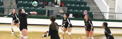 Lingleville Lady Cardinals bumps the ball to return it behind her back to the Hico Lady Tigers during a game at the Dublin Volleyball Tournament on Thursday, Aug. 24. Paul Gaudette | Citizen staff photo