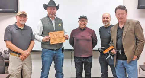 Gene Robinson (left), Mario Cugini (center), Antonio Cugini (second from right) and Marc Langley (right) presented Erath County Sheriff Matt Coates with a drone and other equipment to help better protect lives in a meet-up on Jan. 20. The donation was facilitated through the Life in the Arena Foundation and the National Public Safety Drone Donation Program and partners, FoxFury Lighting Solutions and Loc8. | submitted photo