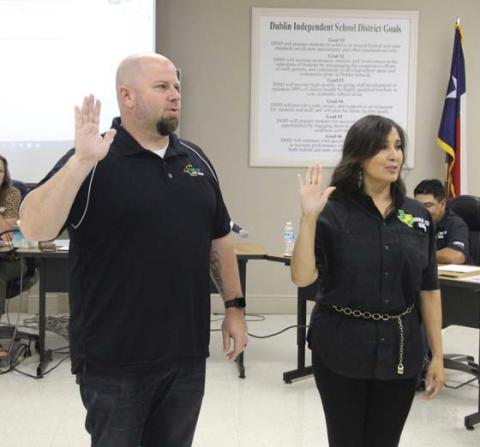 Newly elected Dublin ISD School board members Ryan Mitchell and Blanca Martineau were sworn into office Monday, May 15. Paul Gaudette | Citizen staff photo