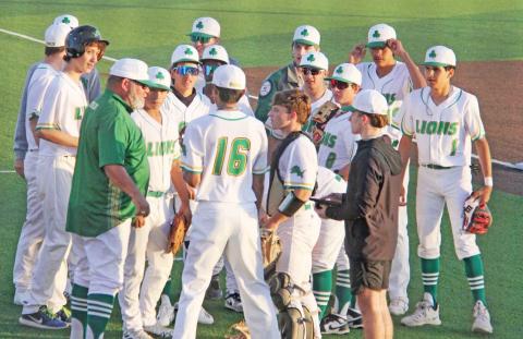 Dublin Lions baseball players and coaches gather for a huddle during a recent away game. The Lions are looking for a win this week following a 21-0 away loss to the Brock Eagles. Pitching for Dublin during the game were Cameron Patton, Alonso Moreno and Dalton Bulard. Alex Teten secured the lone hit for the Lions in the endeavor. Paul Gaudette | Citizen staff photo