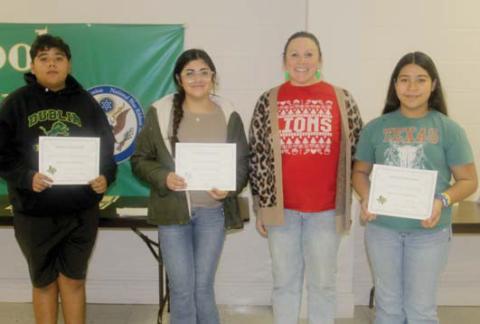 Circle of Champions for November and December November: Fatima Castro Ruiz, Steve Herrera (not pictured), Brayan Ortiz (not pictured) and Sofia Vallin (not pictured). December: Jonathan Enhorabuena, Jax Johnson (not pictured), Wendy Maciel (not pictured) and Andrea Sanchez. Presented by Principal Paige Johnson.
