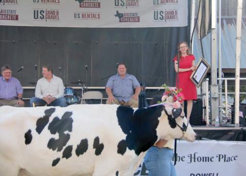 Paul Gaudette | Citizen staff photo State Representative Shelby Slawson reads a state proclamation in honor of Moo-La’s 50th birthday on Friday, Sept.23. County Judge-elect Brandon Huckabee, Texas Association of Dairymen Darren Turley and Stephenville Mayor Doug Svien also spoke on the significance of dairy in Erath County.