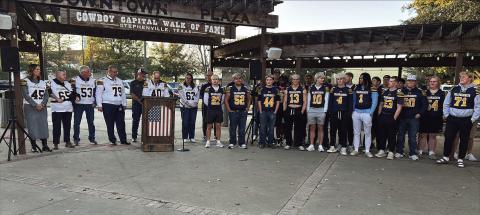 Stephenville City Council, Mayor and city staff donned Stephenville football jerseys Tuesday, Feb. 3 in support of the state winning Stephenville Yellowjackets Football Team. A proclamation was read and signed in honor of the team’s success. Courtesy photo