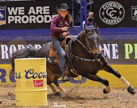 Kassie Mowry and her horse, Jarvis kick up dirt as they race to the top of the leader boards at the 2024 Wrangler National Finals Rodeo in Las Vegas. The Dubliner claimed the world title following a second place finish in the final round. WPRA Photo by Kenneth Springer | Courtesy photo