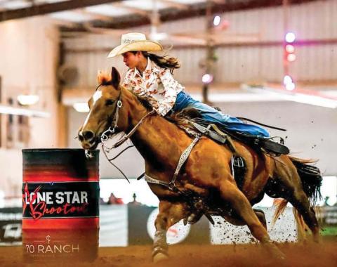 Mya Aviles of Lingleville recently competed in Barrel Racing at the TJHSA finals May 25 and May 30 in Gonzales. Courtesy photo