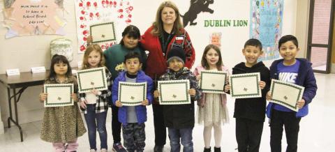 Lion Leaders Valentina Rocha and Alejandro Sanchez (Pre- K), Diego Huerta and Peyden Johnson (Kindergarten), Keeley Johnson and Ezra Lopez (First grade), Daniel Ruiz and Kinzie Sanders (not present) (2nd grade), Julius Moreno (not present) and Ximena Rocha (3rd grade). Presented by Principal Brandy Carr.