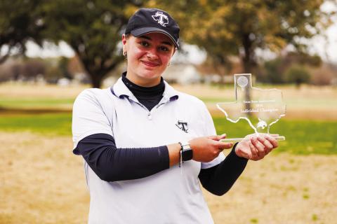 Tarleton State University golfer Louise Depadt poses with her Invidividual Champion trophy from the Texas State Invitational. | Submitted photo