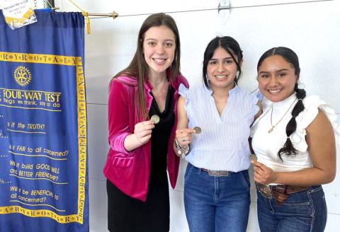 Dublin High School students were presented with medals and scholarships Tuesday, Feb. 20 during the Dublin Rotary Club meeting at the Station as they participated in an essay contest based around Rotary Club’s four-way test. Madison Turley (left to right), claimed first place, Ariana Solano second and Vanessa Pantoja third. For placing first, Turley advances to Regional contest in Weatherford in April.