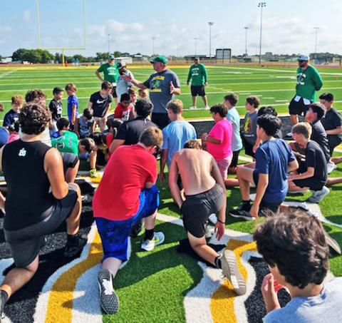 Dublin High School coaches hit Cervetto Field a little early for the Fun in the Sun football camp July 2426. Staff and athletes led kids, age 6 through 9th grade through drills and exercises as they practiced on the same turf the Lions will hit first thing on Monday, Aug. 5 as practice for the 2024-25 school year begins. | Submitted photos