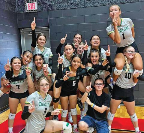 The Dublin Lady Lions were all smiles after claiming the top spot in the B bracket in the Strawn volleyball tournament held Aug. 15-17. The team went 2-1 in pool play Saturday. | Submitted photo