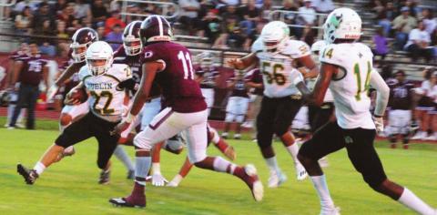 Dublin Lion offense kept DeLeon scrambling Friday night with players like Cameron Patton (above), Mosiah Lolohea (below, left) and Cooper Hubble (below, right), rushing past the Bearcat defense. Paul Gaudette | Citizen staff photo