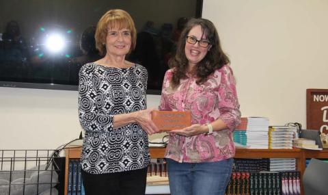 Longtime Erath County Genealogical Society Volunteer Donna Whitefield was honored for her work prior to the start of the Saturday, April 26 meeting. Member Dana Herod presented her with a special commemorative brick for the library sidewalk. Wyndi Veigel-Gaudette | Citizen staff photo