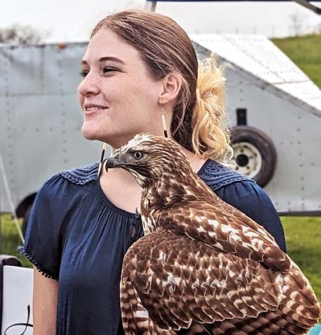 Lindley Wellmon, founder and board president of Heart of Texas Nature Center, educates visitors about red tailed hawks with the help of Cal. The new nature center is in the early stages of development in Early. Paul Gaudette | Citizen staff photo