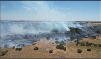 Multiple agencies responded to a 15-acre grass fire Friday, Aug. 11 on County Road 385 near the Chicken House Flea Market. Erath County Fire, Lingleville VFD, Dublin VFD, Stephenville Fire Department and Harbin VFD all responded to the fire. Dublin VFD remained on scene for about six hours as the fire got into brush that was hard to extinguish. According to Fire Chief Paul Warner, DVFD has not seen an uptick in local fires as most everyone is following the burn ban. Matt Willis | Courtesy drone photo