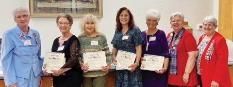 Bosque River Chapter Registrar Carol Dismukes (left to right), Betty Patton Kirkland of Gustine, Ruby Robinson Turner of Three Way, Cyndi Patton Guinn of Gustine, Jane Patton Miller of Gustine, DRT District 2 Representative Judith Moore D’Amico, Bosque River Chapter President Jane Klein.